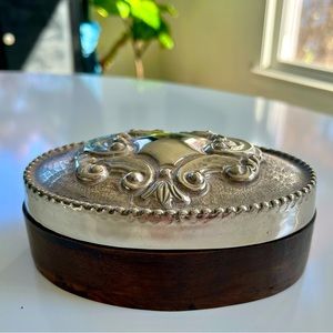 Vintage Silver Plate (?) and Wood keepsake or jewelry box.